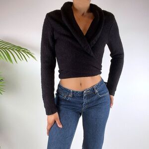 Vintage Y2K Black Indie Grunge Cropped Wrap Knit Sweater Top / Size: S